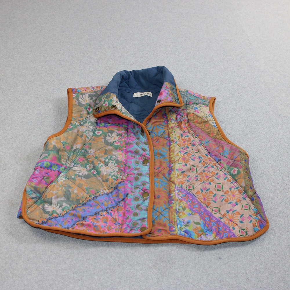 Natural Life Vest Women Small Multicolor Floral Quilted Patchwork Snap Boho Comf